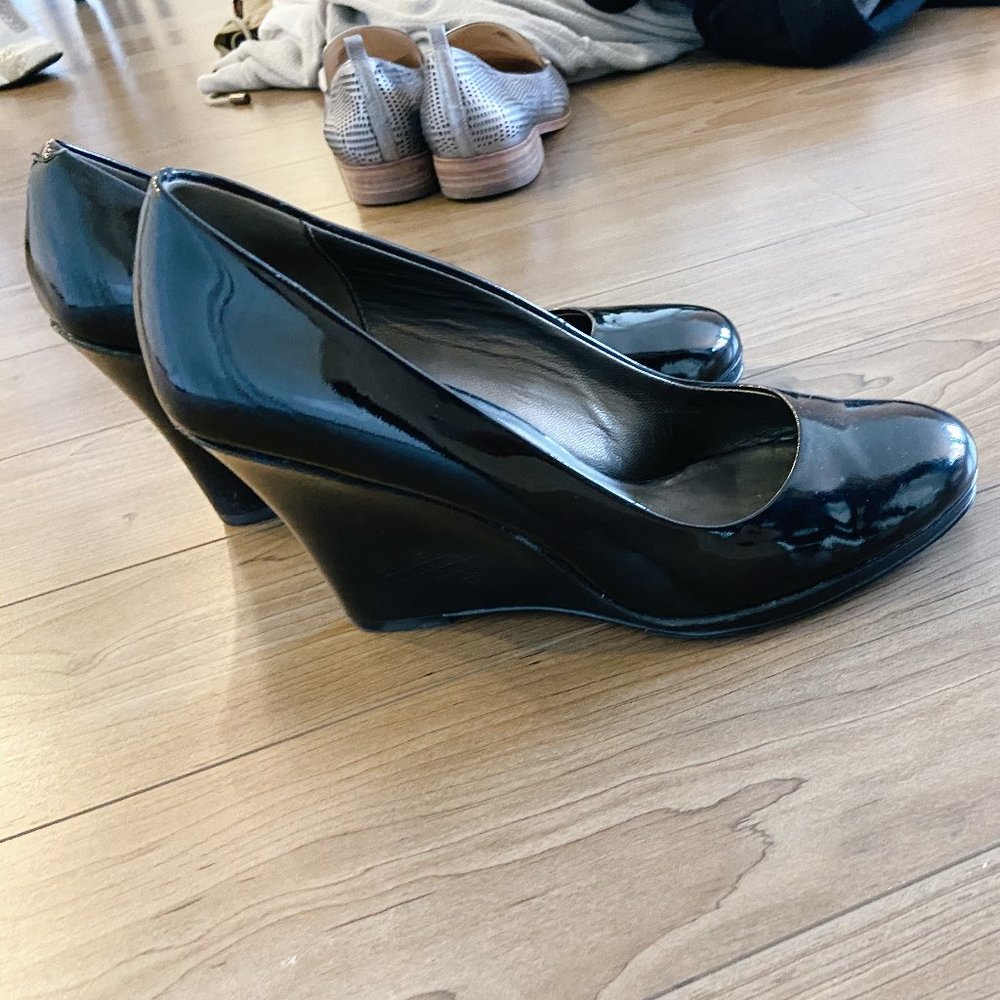 Cole Haan Patent Leather Wedges in Nude and Black